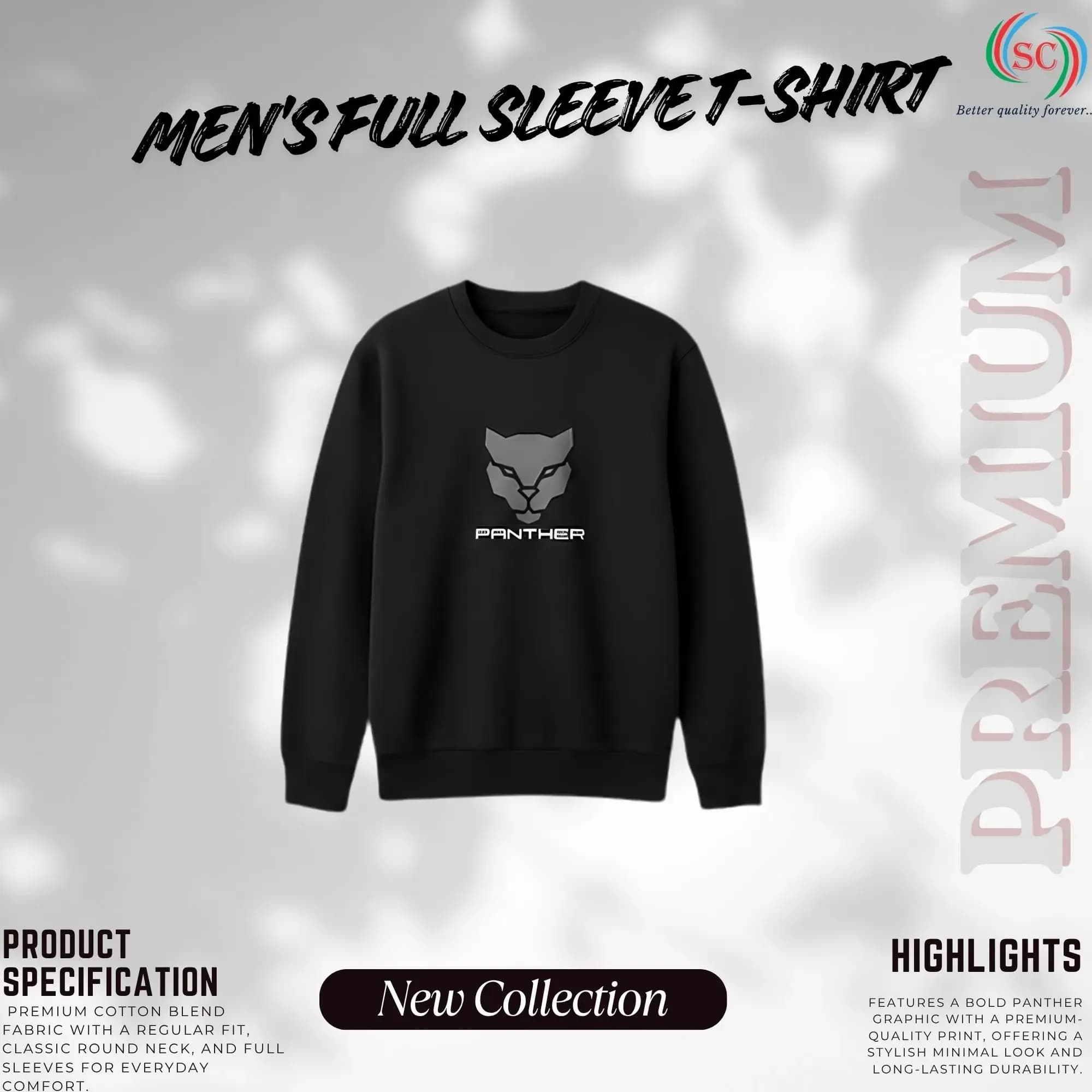 Panther Premium Black Full Sleeve T-Shirt for Men
